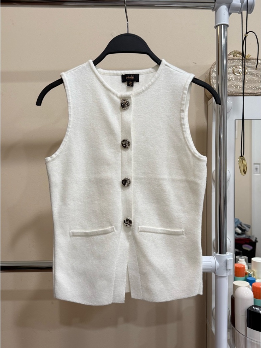 Cream Sleeveless Knit Vest Top Silver Buttons Size S